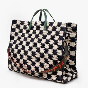 Clare V Black and Cream Checkered Tote with Green Handles / Simple Tote